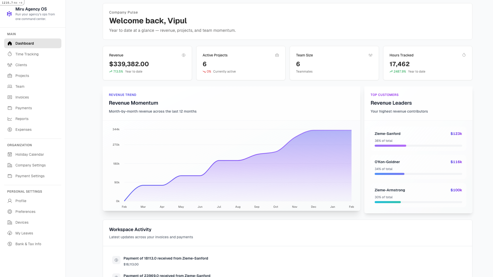 Miru dashboard with sidebar navigation showing the workspace switcher