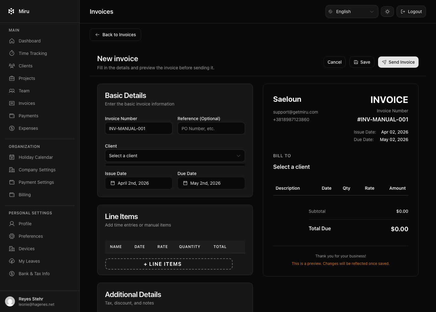 Miru invoice editor with multiple recipient email fields for sending invoices to multiple contacts
