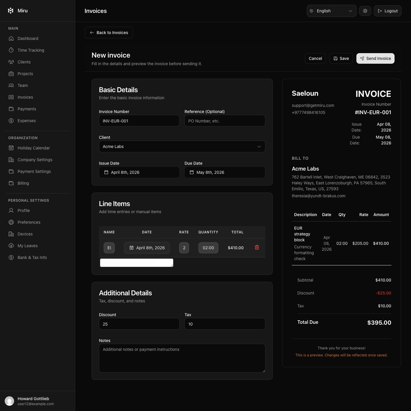 Invoice editor with EUR currency showing live preview with correctly synced totals