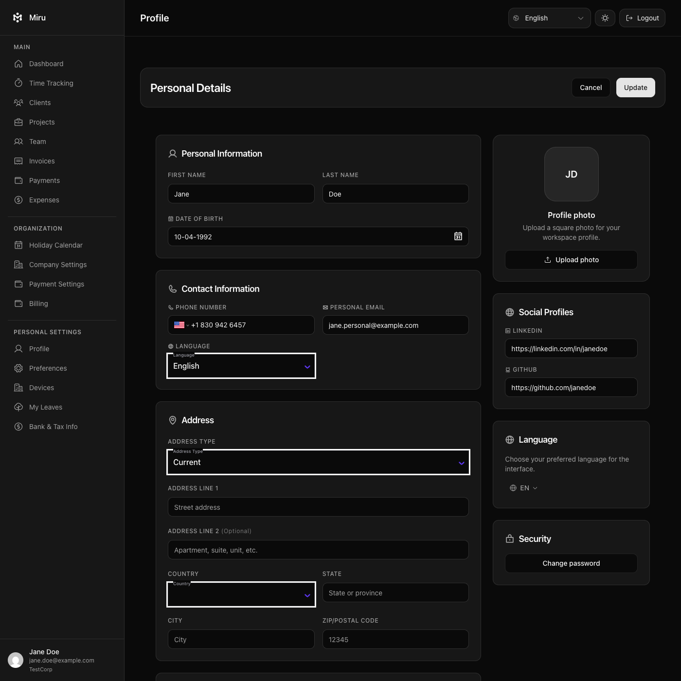 Profile date of birth picker with future date prevention and phone number validation
