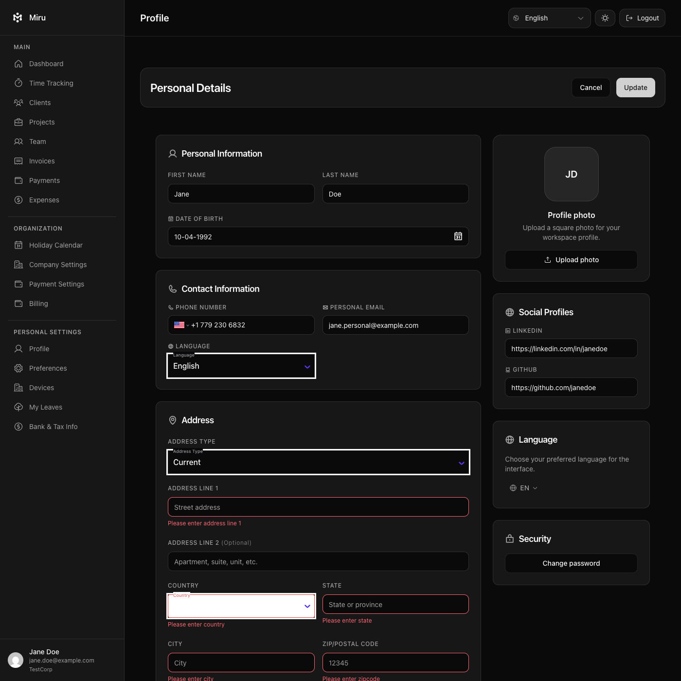 Miru profile settings page showing personal details, date of birth validation, and contact information fields