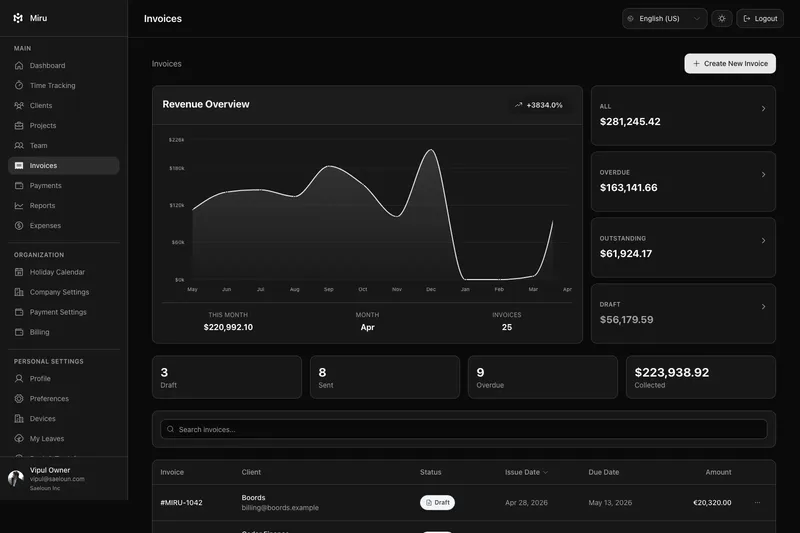 Miru invoice interface showing invoice totals, line items, and client billing details