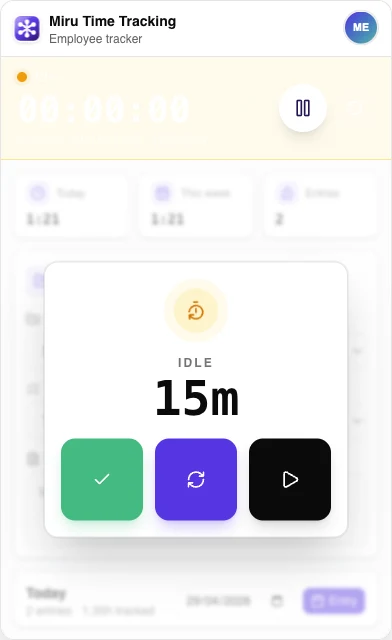 Miru Time Tracking idle recovery actions