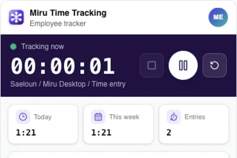 Miru Time Tracking desktop app with a running timer and local entries