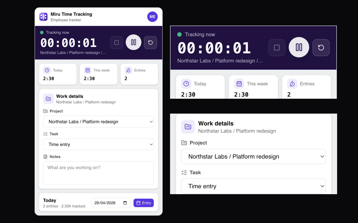 Miru Time Tracking desktop app with a running timer and local entries