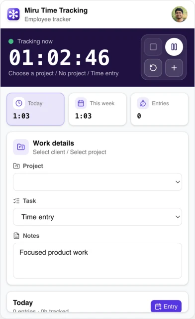 Miru Time Tracking desktop timer with profile avatar and sanitized local work details