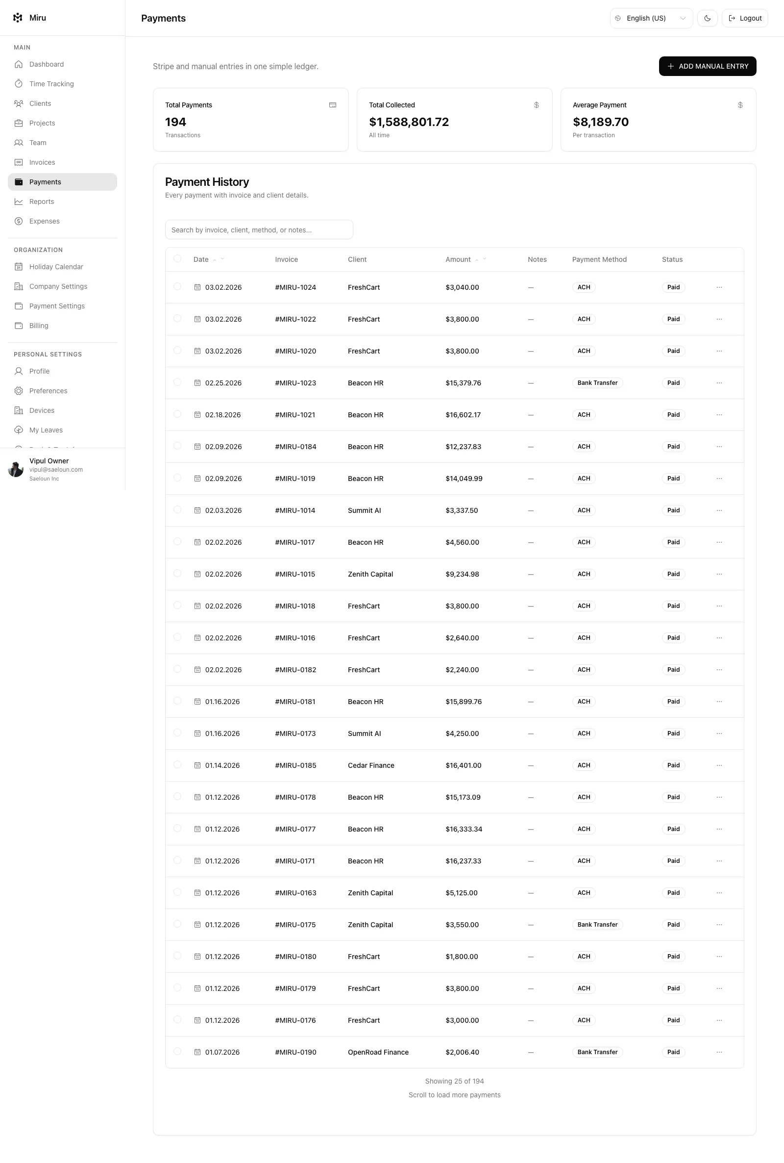 Miru payments powered by Stripe
