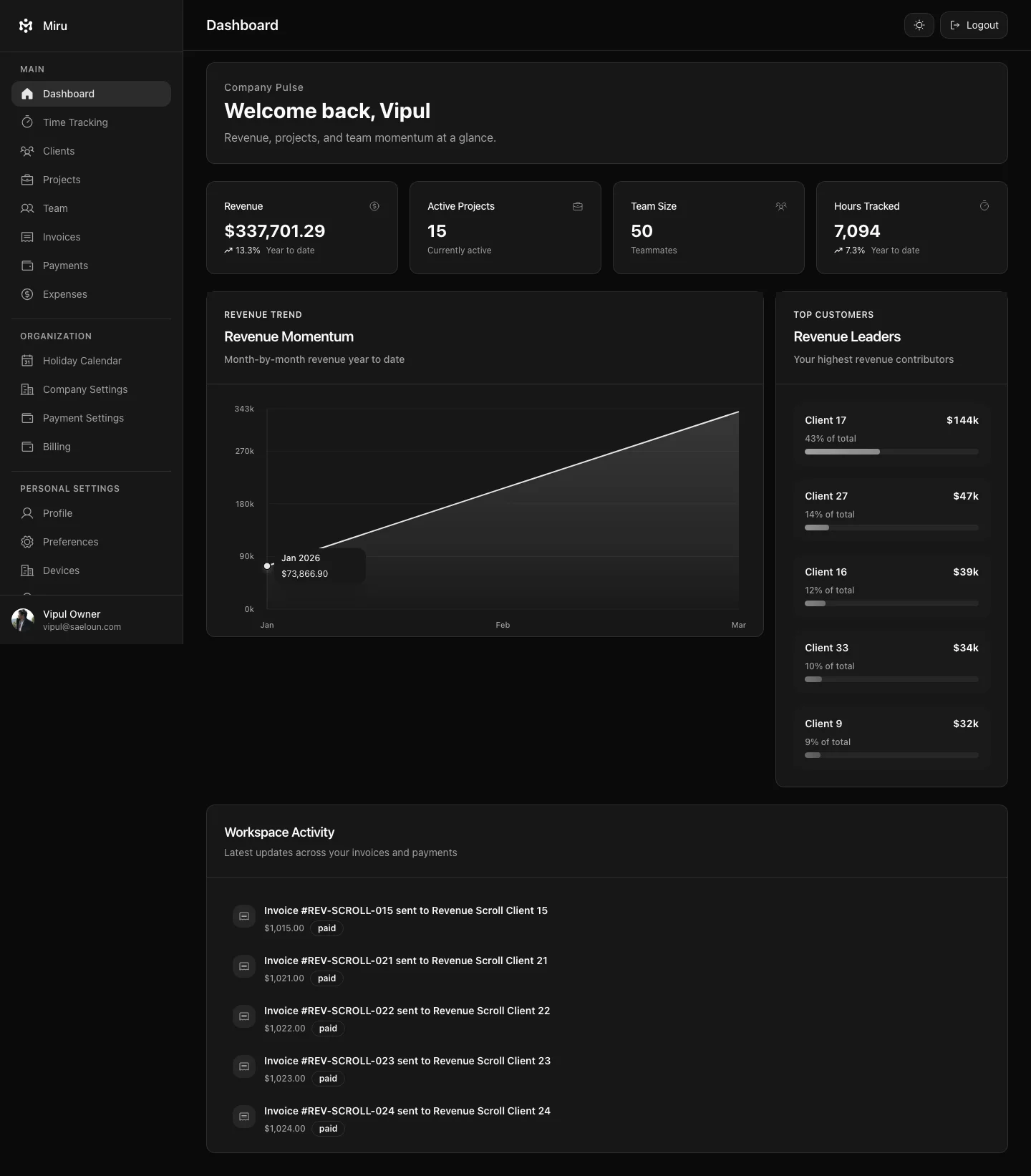 Miru time tracking with weekly view