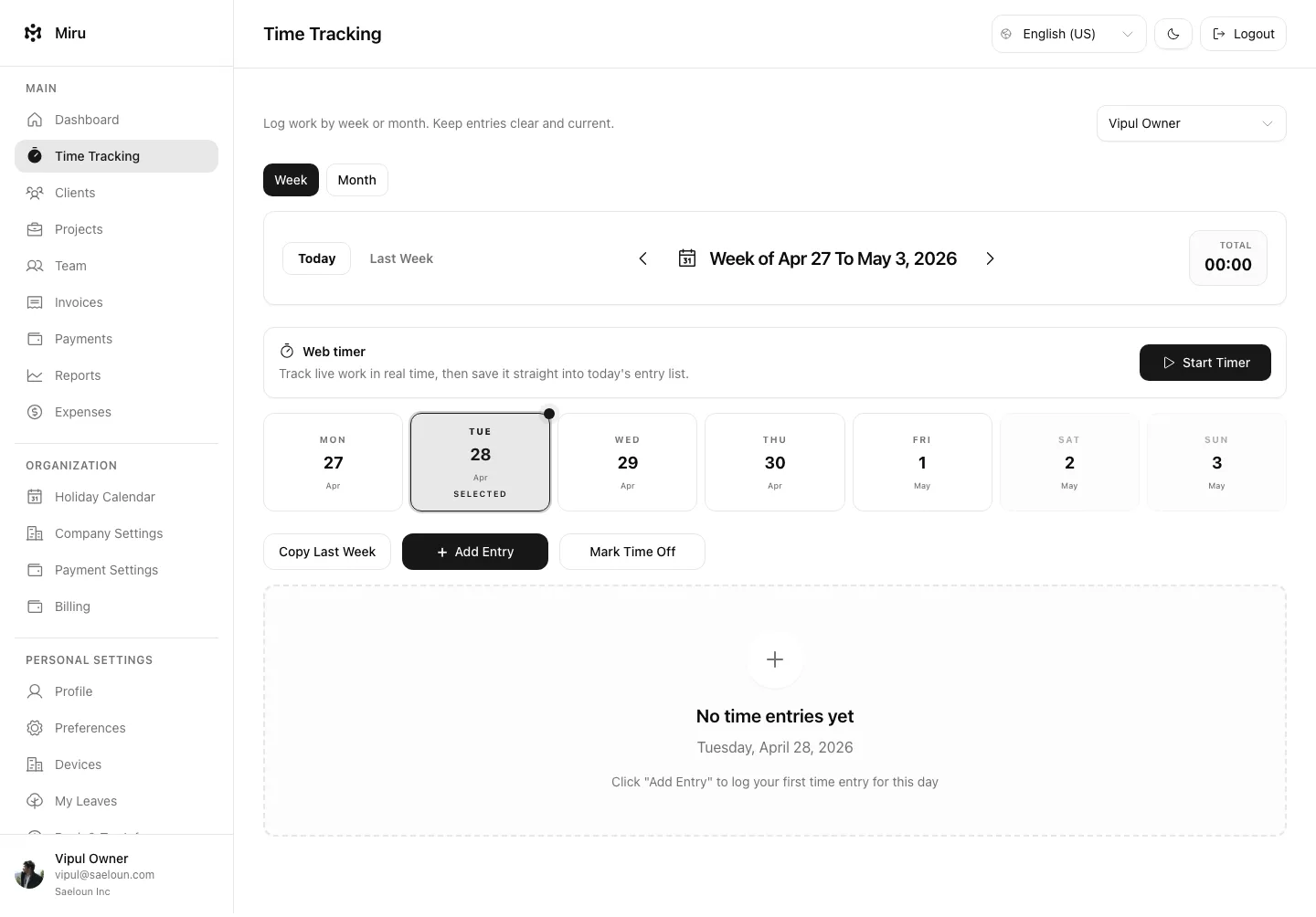 Miru time tracking interface